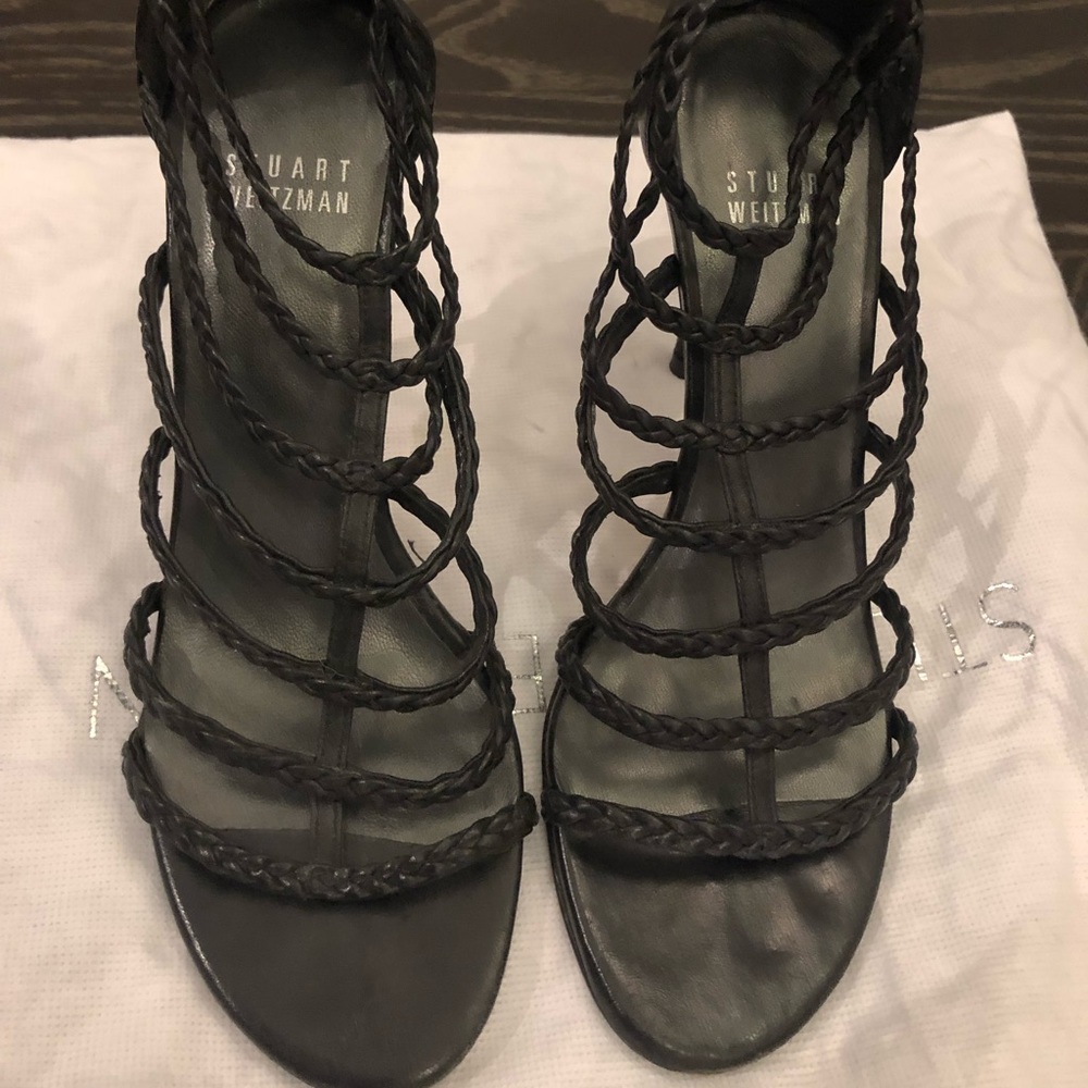 Stuart Weitzman Braided Caged Black Sandals